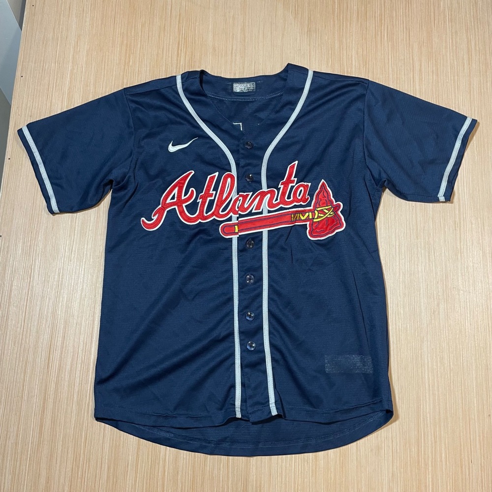 Nike Baseball Jersey Mens Atlanta Braves Austin Riley 27 Navy Blue Button Up